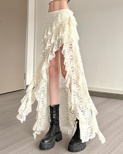 Women Lace Long Skirts Summer Elastic Asymmetrical Layered Hem Ruffles Floral Maxi Skirts2