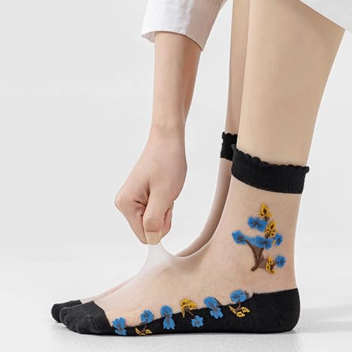Image of DXYAKY 5 Pairs Sheer Floral Socks for Women, Lightweight Mesh Ankle Lace Socks, Breathable Summer Cute Transparent Stockings