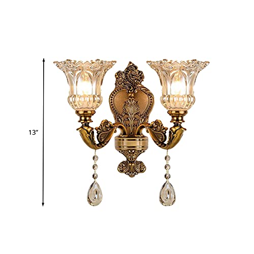 Litfad LT583668M Vintage Floral Wall Mount Lamp 2 Heads Beveled Crystal Prism Wall Sconce Light Retro Decoration Wall Lamp In Brass thumb #3