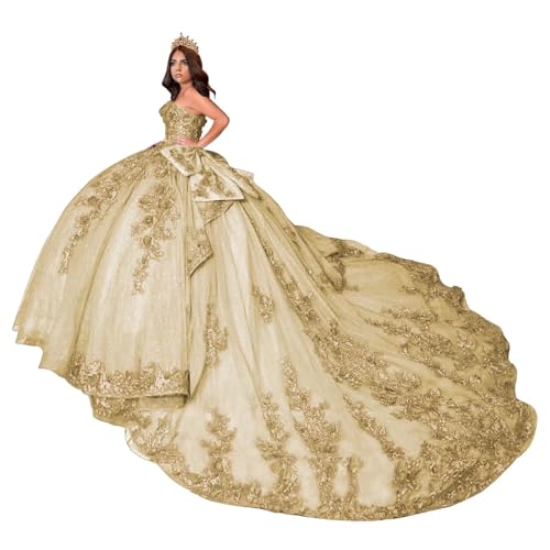 Elegant Gold Lace Quinceanera Dresses with Train Puffy 3D Flower Sweet 16 Dresses Strapless Tulle Ball Gowns with Bow