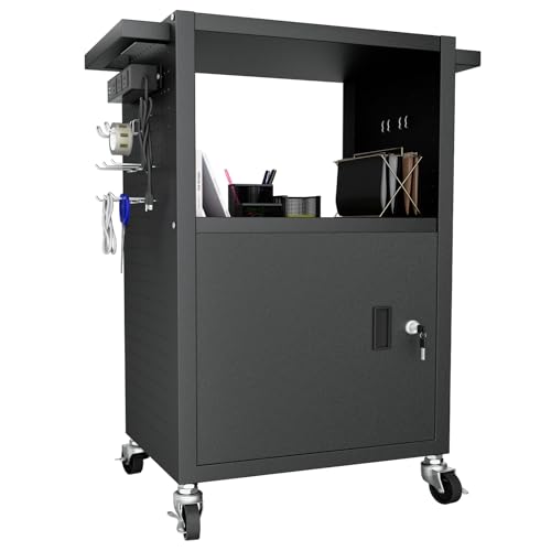 Mobile AV Cart with Push Handles, Heavy Duty Rolling Media Cart with Customized Pegboard & Hooks, Multipurpose Utility Cart with Extra Storage Space, 4 Outlets