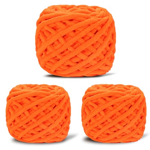 Image of 3 Pack Plush Chenille Chunky Yarn for Crocheting 100g(54.6yd) - Bulky Thick Fluffy Yarn for Knitting- Soft Velvet for Baby, Blanket Knitting Blanket Yarns- Amigurumi Yarns (3-Orange)