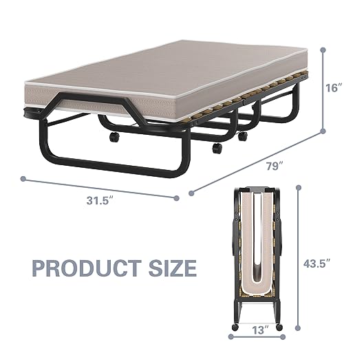 KOMFOTT Folding Bed with 4 Inch Mattress, Foldable Rollaway Bed with Memory Foam Mattress for Adults, Portable Fold Up Guest Bed with Sturdy Steel Frame on Wheels, Made in Italy - Thumbnail 3