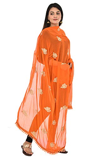 Image of YOUTHQUAKE Golden Patti Embroidered Work Chiffon Dupatta for Womens & Girls with Jaalar Lace