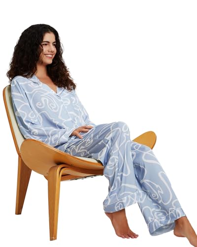 Image of YiNi LuLu Womens Silk Satin Pajamas Set Button Down 2 Piece Pjs Long Sleeve Oversized Sleepwear with Pockets