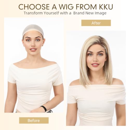 Image of KKU 100% Human Hair Lace Front Wig for Women- Pre-Plucked Natural Hairline, Side Part Brown Mixed Blonde Wig, 14 Inch, Soft & Natural Hair for Daily Use