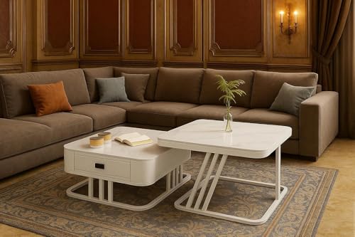 Image of Two Square Stacking Nesting Coffee Tables with Metal Frames, Wooden Tops, and Handcrafted Drawers Make up This Contemporary Centre Couch Table for Living Rooms bedrooms, & Apartments (Wht)