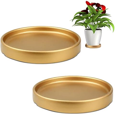 LNQ LUNIQI Round 4 Inch Ceramic Plant Saucer Drip Tray Set of 2 for Indoor Small Flower Pots Home Garden Outdoor Flower Plant Pot,Gold Saucers Cover