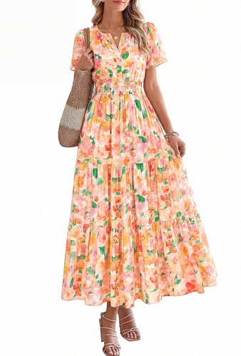 Image of BTFBM Womens Summer Floral Maxi Dresses V Neck Short Sleeve Boho Casual Flowy Long Wedding Guest Dress Beach Vacation