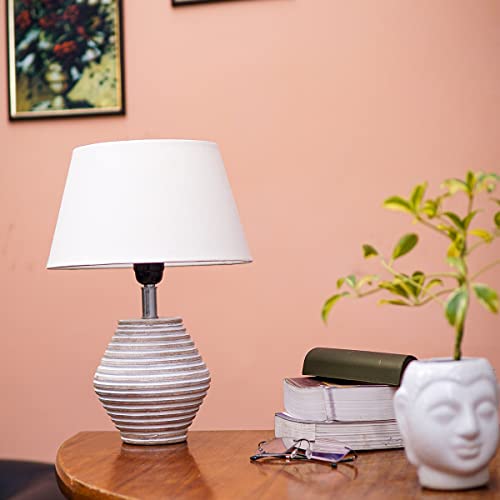 Image of PineCraft International Atury Table Lamp with Shade Night Lamp for Living Room, Study Room, Bedroom & Home Decor Gift Item 14 inch Height Wooden Study Lamp with Off White Shade