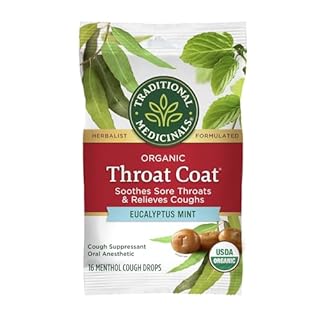 Traditional Medicinals Organic, Throat Coat Lozenges, Eucalyptus Mint with Menthol - Herbal Cough Drops, Helps Soothe Sore Throat & Relieve Cough - Non-GMO, Stimulant-Free - 16 Count
