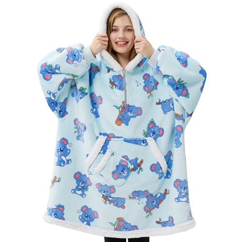 Image of Giggling Getup Wearable Blanket Hoodie for Adults Gifts for Teen Girls Sister Women Sherpa Fleece Printed Hooded Blanket Sweatshirt Warm Cozy with Pocket & Sleeves Sky Blue Koala