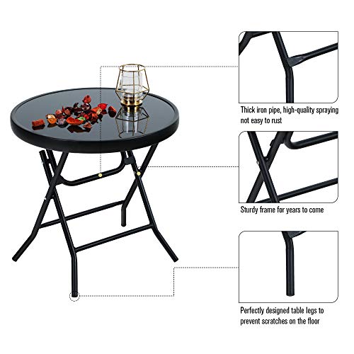 PHI VILLA Mesa Auxiliar Redonda Plegable de Cristal de Metal, Mesa de Café, Resistente a la Intemperie, Fácil de Limpiar, para Balcón, Jardín, Terraza, Salón - imagen 5