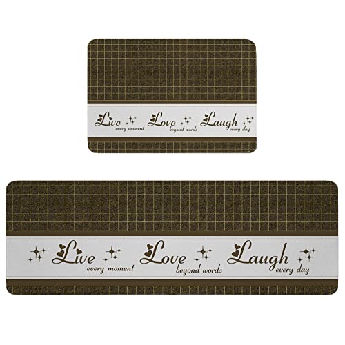 Kitchen Mat Rug Set of 2 Live Love Laugh Retro Brown Plaid Runner Rug Anti-Fatigue Comfort Memory Foam Standing Mat Non-Slip Floor Door Mat for Bathroom 18x30in+18x48in