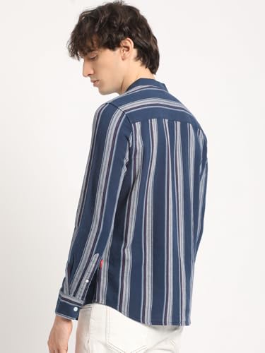 Image of Mena€s Blue Striped with Mandarin Collar Slim Fit Casual Shirt