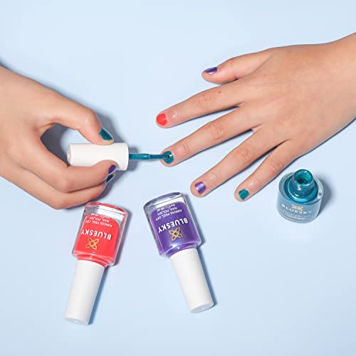 Image of BLUESKY Kids Peel Off Glossy Finish Nail Varnish Set | Red, Green, Purple | Easy Peel-Off, Non-Toxic, Water- Based, Odour-Free Nail Polish For Kids, Gift Set 3 X 5Ml With Stickers