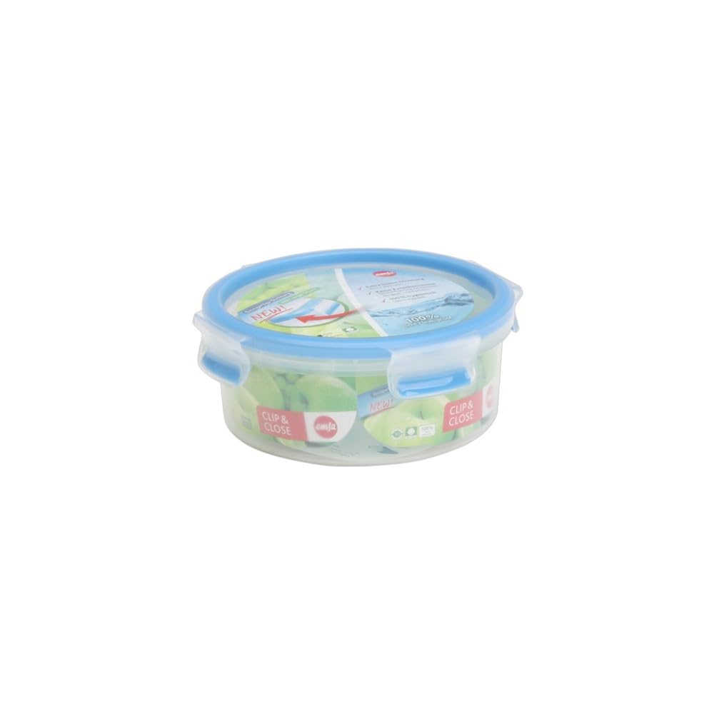 Emsa 508552 Clip & Close round food storage container 0.85 litres, transparent/blue