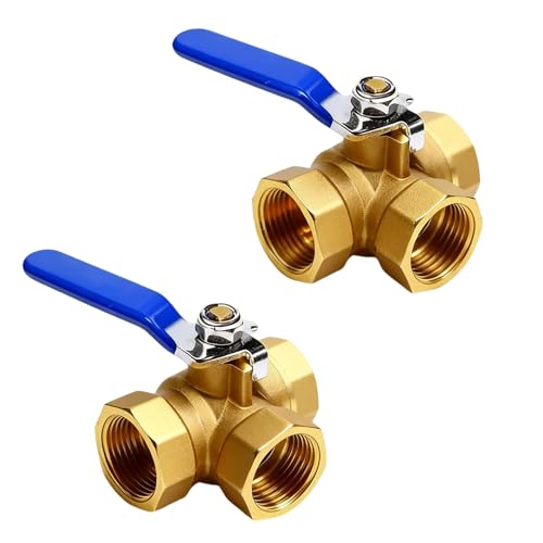 Lot de 2 robinets à boisseau sphérique à 3 voies DN20 PN16 (port T), vanne à 3 voies 3/4" pour tuyau d'eau de type T en laiton, filetage intérieur BSP, poignée de levier en acier inoxydable, vanne