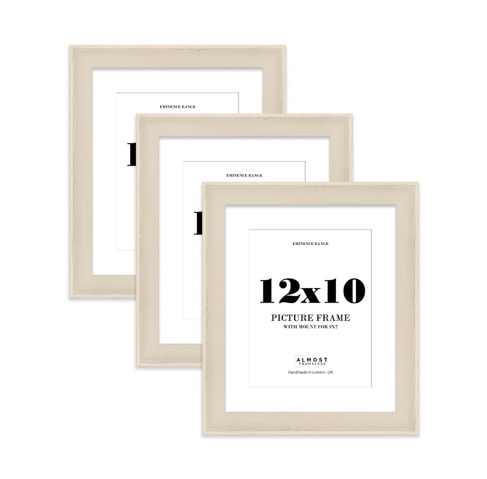 12x10" Cream Picture Frame with 9x7" Mount - Shabby Chic Photo Frame with Distressed Finish, Wall Hooks and Kickstand, 32mm Edge - 3 Pack