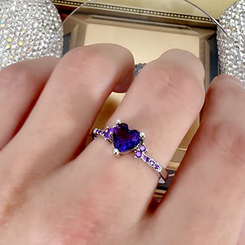 925 Sterling Silver Purple Heart Shaped Zircon Ring Purple Amethyst Halo Promise Ring Good Luck Birthstone Ring Delicate Engagement Wedding Proposal Adjustable Ring for Women2