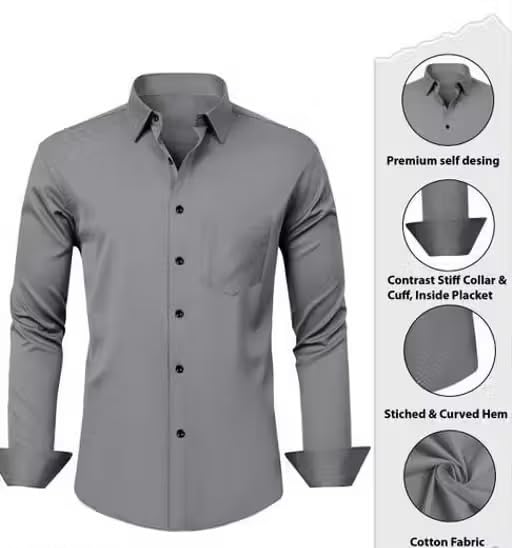 Image of Men Plain Collared Casual Shirt Comfortable Breathable Regular Fit Modern Stylish Everyday Office Outfit