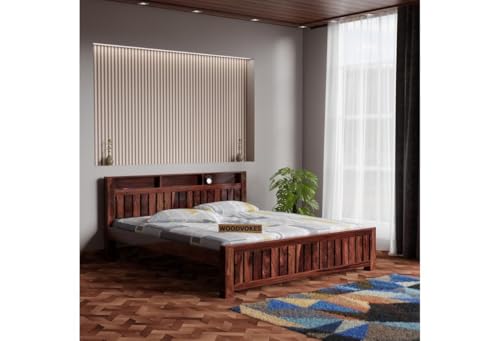 Image of Sheesham Wood Bed Without Storage Solid Wooden Cot Bed Elegant and Functional Bedroom Living Room Home (Walnut Finish, King)