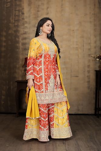 Miss Ethnik Store Miss Ethnik Women's Yellow Chinon Kurta Palazzo Set - Image 5