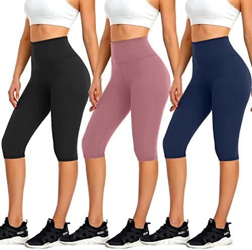 we fleece 3 Pack Women’s Knee Length Leggings-High Waisted Capri Leggings Workout Exercise Biker Shorts for Casual Summer