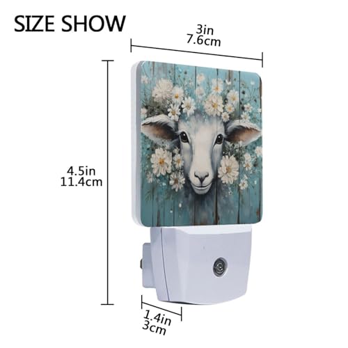 Image of Flower Sheep Wooden Night Lights 2 Pack Plug-in Wall Led Nightlight Auto Dusk-to-Dawn Sensor Lamps for Bedroom Kitchen Bathroom
