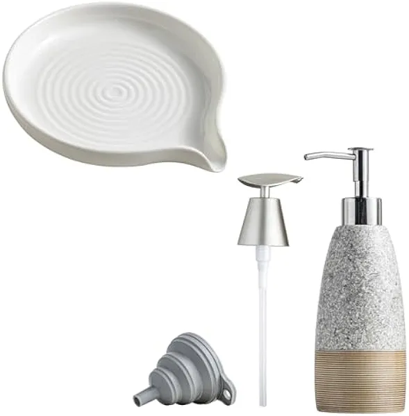 Self Draining Soap Dish, Ceramic Drain Soap Holder & 12 oz Soap Dispenser
