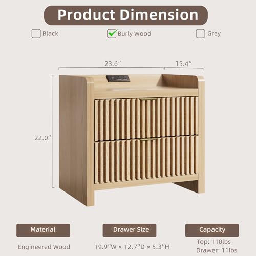 Image of BREEZEHEAT Fluted Nightstand Set of 2, Night Stands with Charging Station, Nightstand Bedside Table End Table with 2 Large Drawers, Mid Century Modern Night Stand for Bedroom, 24 inch Wide, Burly Wood