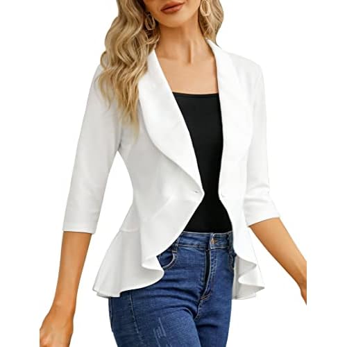 KOJOOIN Womens Casual Blazer 3/4 Sleeve Open Front Ruffle Work Office Cardigan Suit Jacket, Medium, White