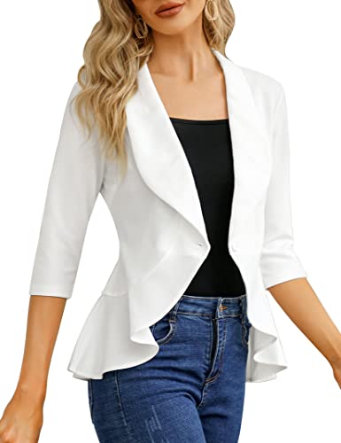 KOJOOIN Womens Casual Blazer 3/4 Sleeve Open Front Ruffle Work Office Cardigan Suit Jacket White S