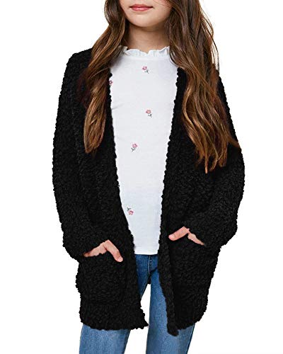 Flowyair Girls Open Front Long Sleeve Cardigan Sweaters Coat with Pockets Popcorn Knit Outwear 5-14 Years Black