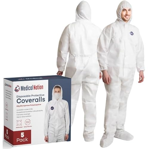 Hazmat Suits Disposable | Pack of 5 | Protective Coveralls with Attached Hood and Boots | Heavy Duty Full Body Painters Suit for Adults – Breathable & Water Resistant | Extra Large