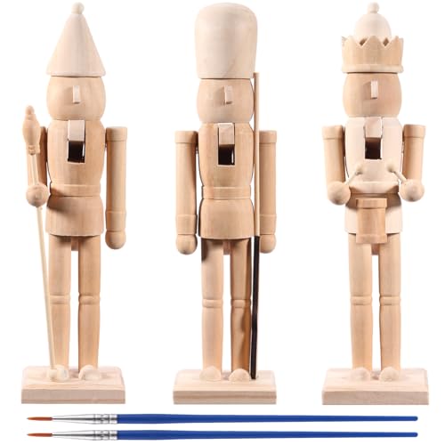 Vercraft 3 Set Large Christmas Wooden Unfinished Nutcracker 11.8 Inch DIY Blank Unpainted Nutcracker Soldier Figures Unfinished Ornaments with Fake Beards and Brush for Craft Xmas Decor