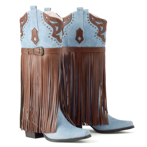Cowboy Boots for Women Fringe Embroidered Western Knee High Cowgirl Boots Chunky Heels Pointed Toe