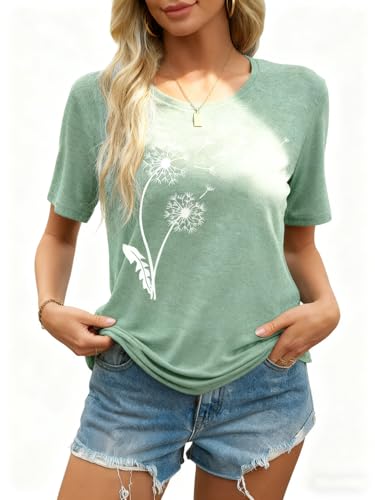 Image of Womens Dandelion T Shirts Sunflower Graphic Short Sleeve Casual Tops