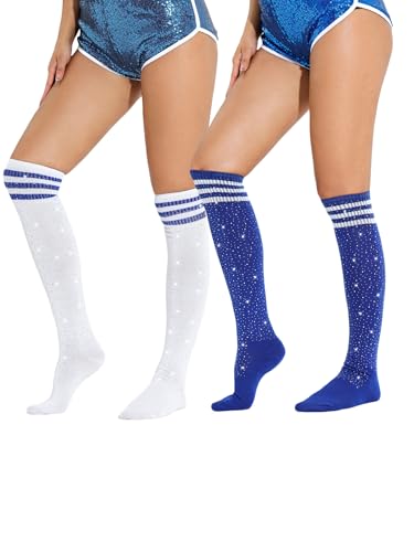 Image of Woman's Rhinestone Over Knee High Socks Stripe Knit Stockings Leg Warmers for Christmas Valentines day Events