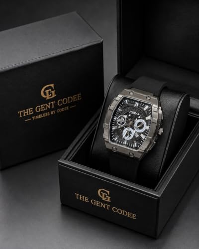 Buy The Gent Codee Fobra Skeleton Dial Watch with Black Rubber Strap | Tonneau Case, Skeletonised Dial, Silver-Tone Bezel, Date Display, Gift Box Included at Amazon.in - Image 3
