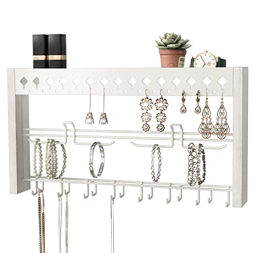 JackCubeDesign - Wood Wall Mount Jewelry Organizer with Metal Hooks for Necklaces, Ring, Earrings (White Wood) - MK460C