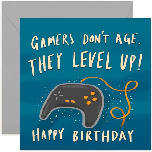 Old English Co. Gamers Don't Age They Level Up Birthday Card - Card for Video Game Players Men and Women | Brother, Daughter, Friend, Niece, Nephew | Blank Inside & Envelope Included