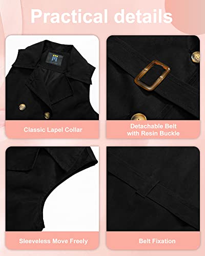Creatmo Us Women's Double Breasted Long Vest Jacket Casual Sleeveless Pocket Outerwear Longline Long Blazer Black Suede S #TOP4