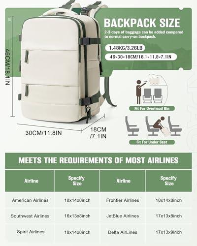 Image of Vacuum Backpack Travel with Pump for Women,Flight Approved 18x14x8 inches,Travel Backpack with Vacuum System,15.6 Inches Laptop Bag,Rice White with Green