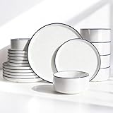 Famiware Porcelain Dinnerware Set, 18-Piece Modern Plate and Bowl Set, dish set for 6, Microwave and Dishwasher Safe Tableware, White with Blue Trim
