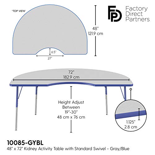 Image of FDP Kidney Activity School and Office Table (48 x 72 inch), Standard Legs with Swivel Glides for Collaborative Seating Environments, Adjustable Height 19-30 inches - Gray Top and Blue Edge