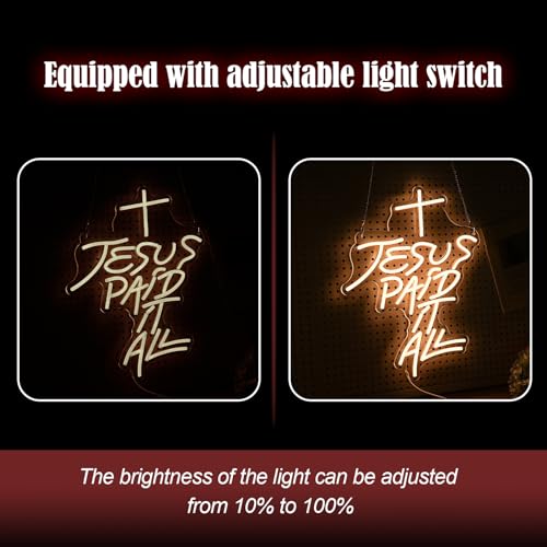Image of Jesus Paid It All Neon Sign Warm White Cross Neon Light for Wall Decor Dimmable Jesus Cross LED Light Up Sign for Christian Church Christmas Home Wedding Decor Birthday Gifts(16.7*12.8 In)