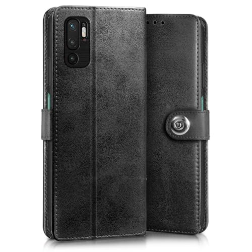 Image of WOW IMAGINE Shock Proof Flip Cover Back Case for Xiaomi Redmi Note 10T 5G | Poco M3 Pro 5G (Magnetic Button Flip Case | Wallet Pockets & Stand | Leather Finish | Haze Black)