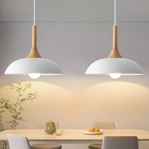 Image of GUIHUALOVE White Pendant Lights Kitchen Island, 2 Pack Modern Pendant Light with Wood Cap, 13.8 inch Dome Pendant Light for Kitchen, Dining Room, Living Room