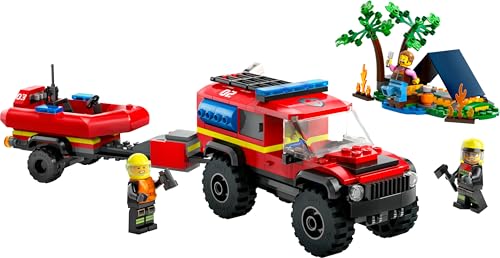 City Fuoristrada Antincendio e Gommone di Salvataggio, Camion dei Pompieri Giocattolo per Bambini e Bambine da 5 Anni, Rimorchio per Barca, 2 Minifigure Vigili del Fuoco e 1 Campeggiatore 60412 - Lego - Immagine 9